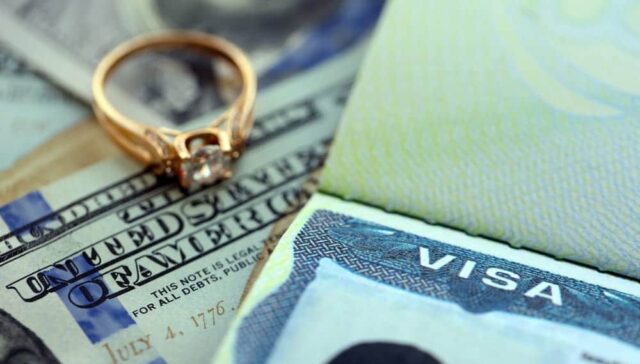 Wedding ring, visa, and passport illustrating the marriage-based green card process following a visa overstay